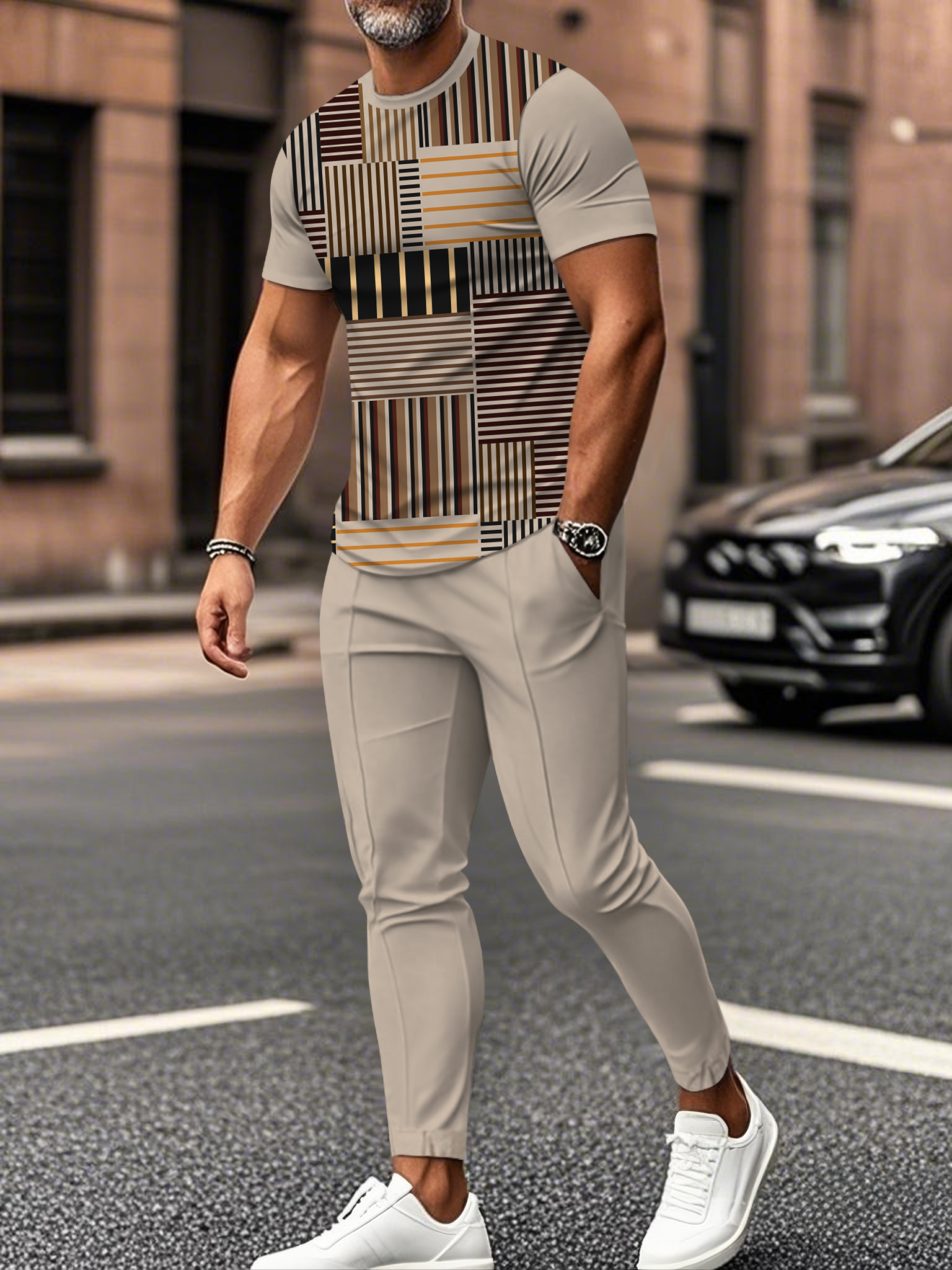 Men's fashion casual color matching striped printed short sleeved trousers two-piece set