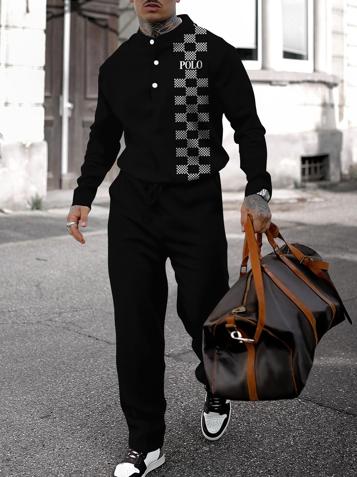 Men's fashion casual geometric print long sleeve two-piece set