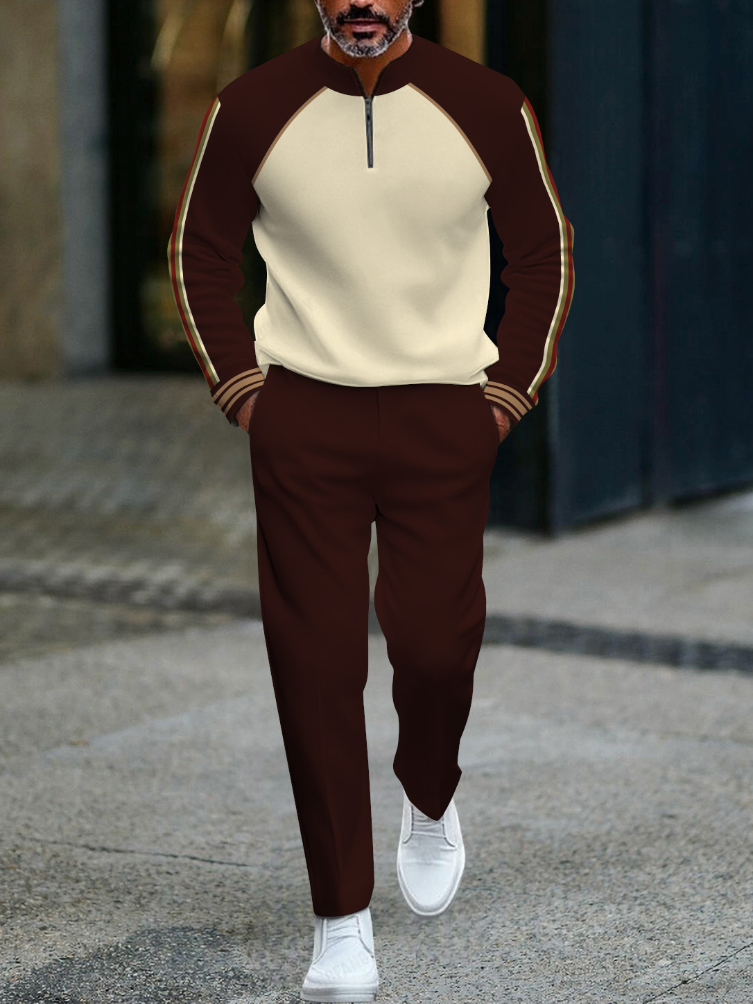 Men's fashion casual geometric print long sleeve zipper two-piece set