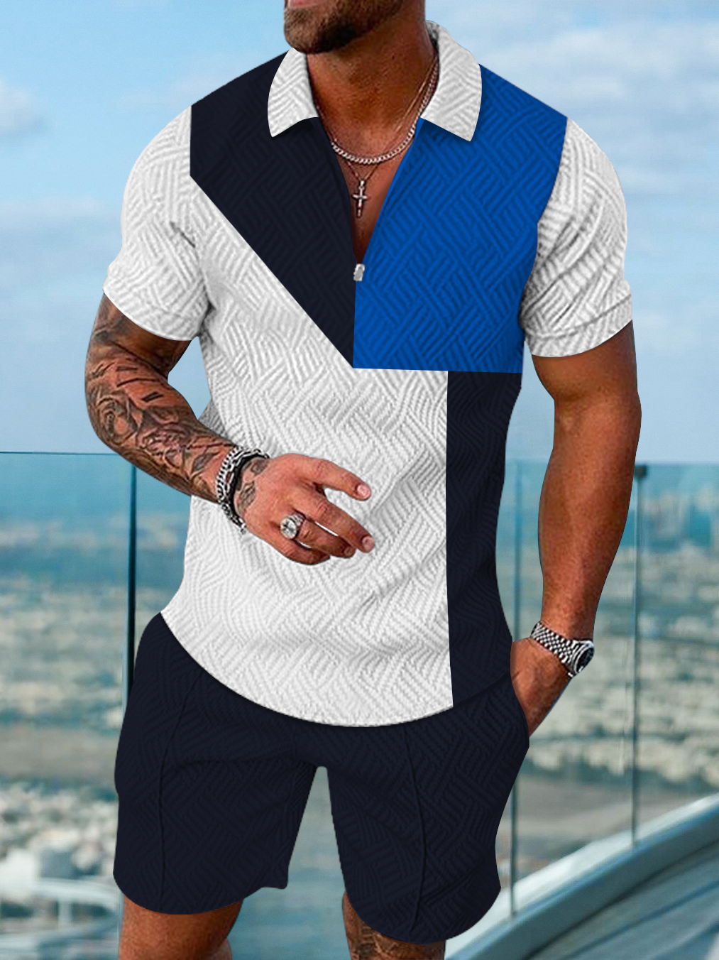Men's fashion casual color matching printed polo two-piece set