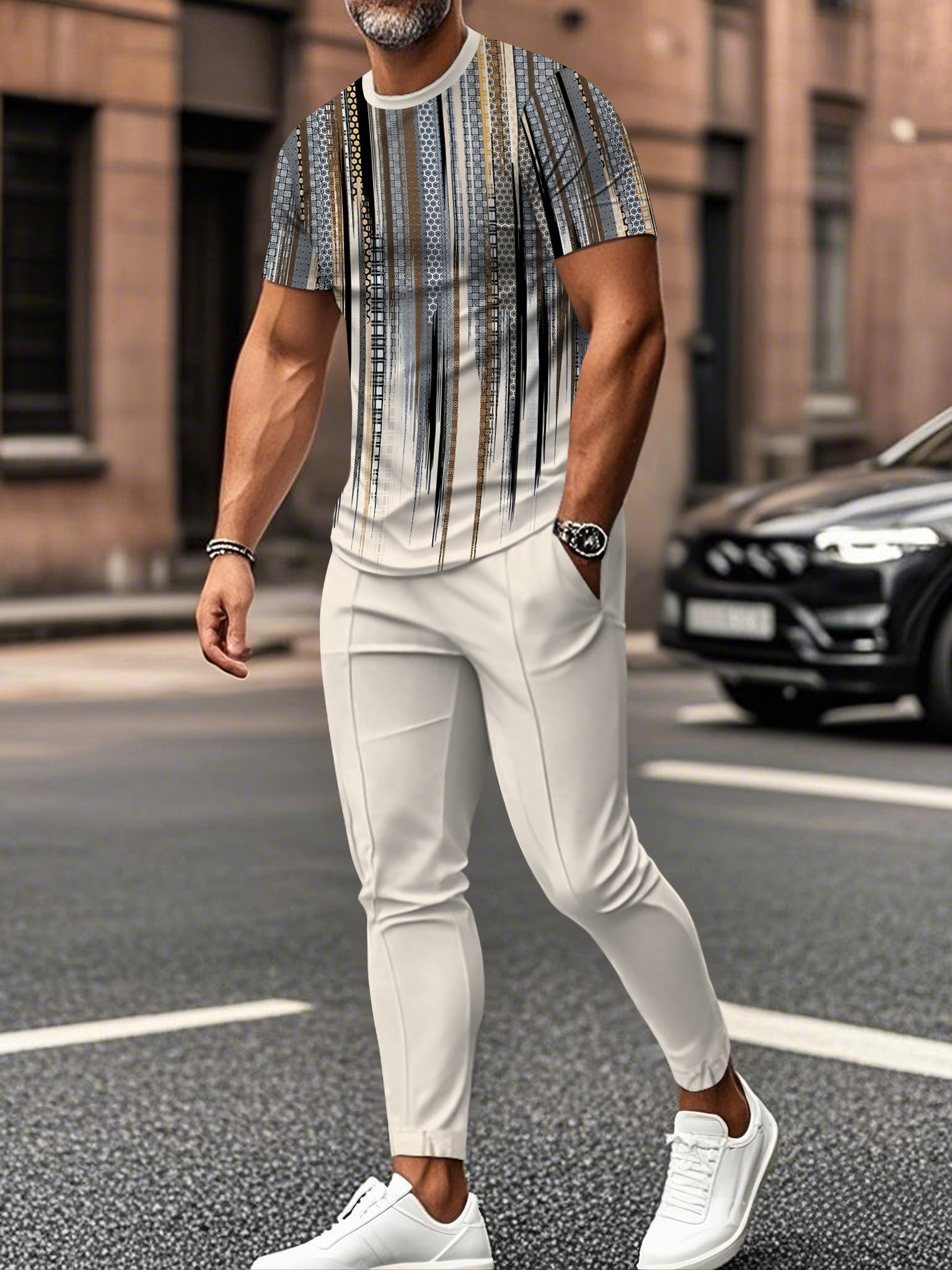 Men's fashion casual color matching striped printed short sleeved trousers two-piece set