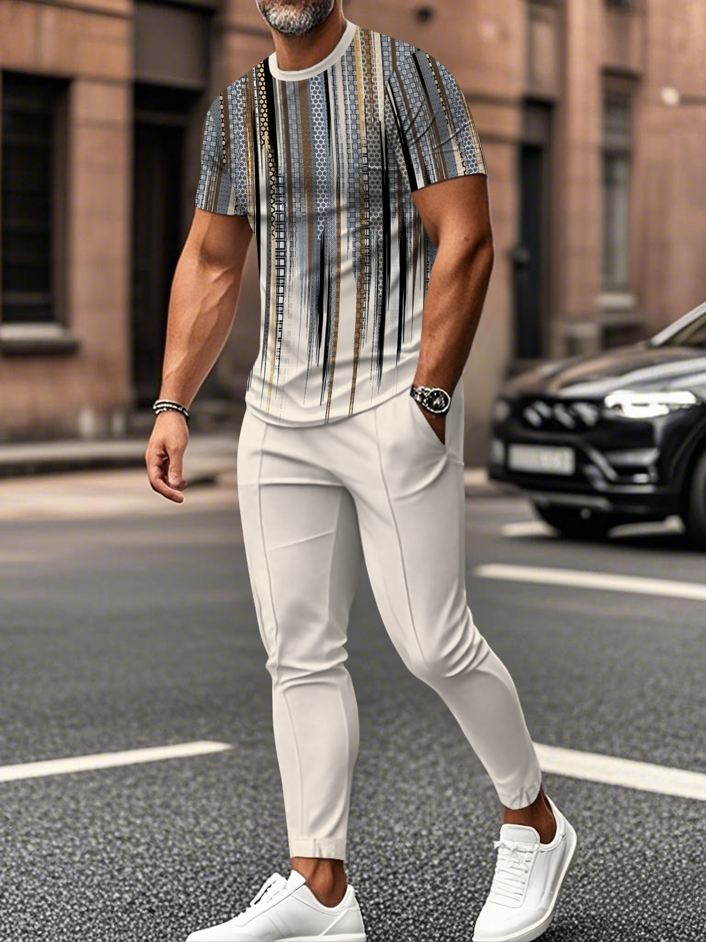 Men's fashion casual color matching striped printed short sleeved trousers two-piece set