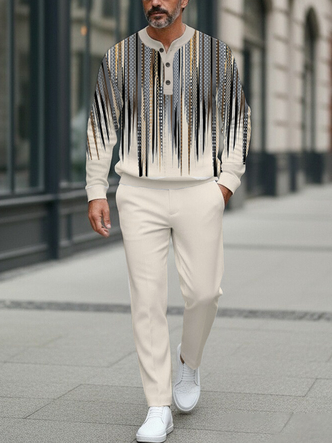 Men's Fashion Casual Geometric Print Long Sleeve Button Design Two-Piece Set