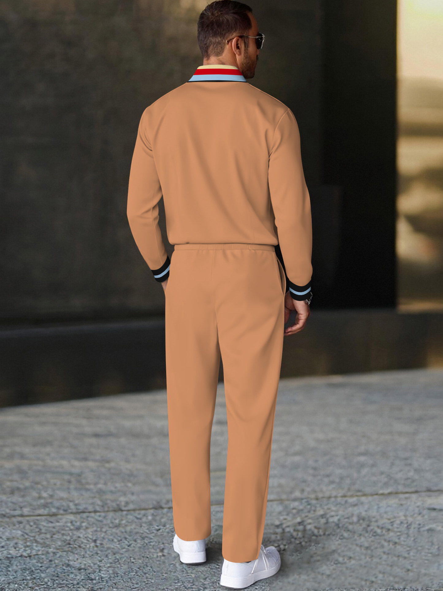 Men's fashion casual geometric print long sleeve zipper polo two-piece set