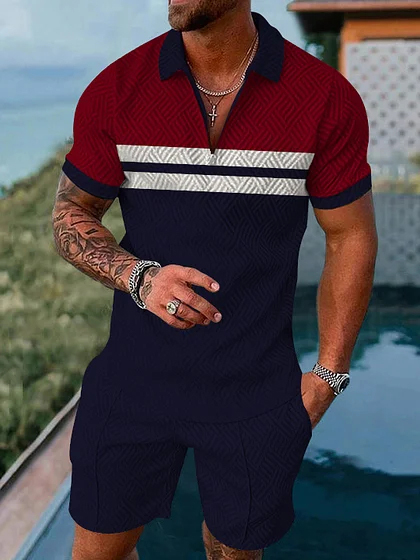 Men's fashion multi-color geometric print short-sleeved polo suit