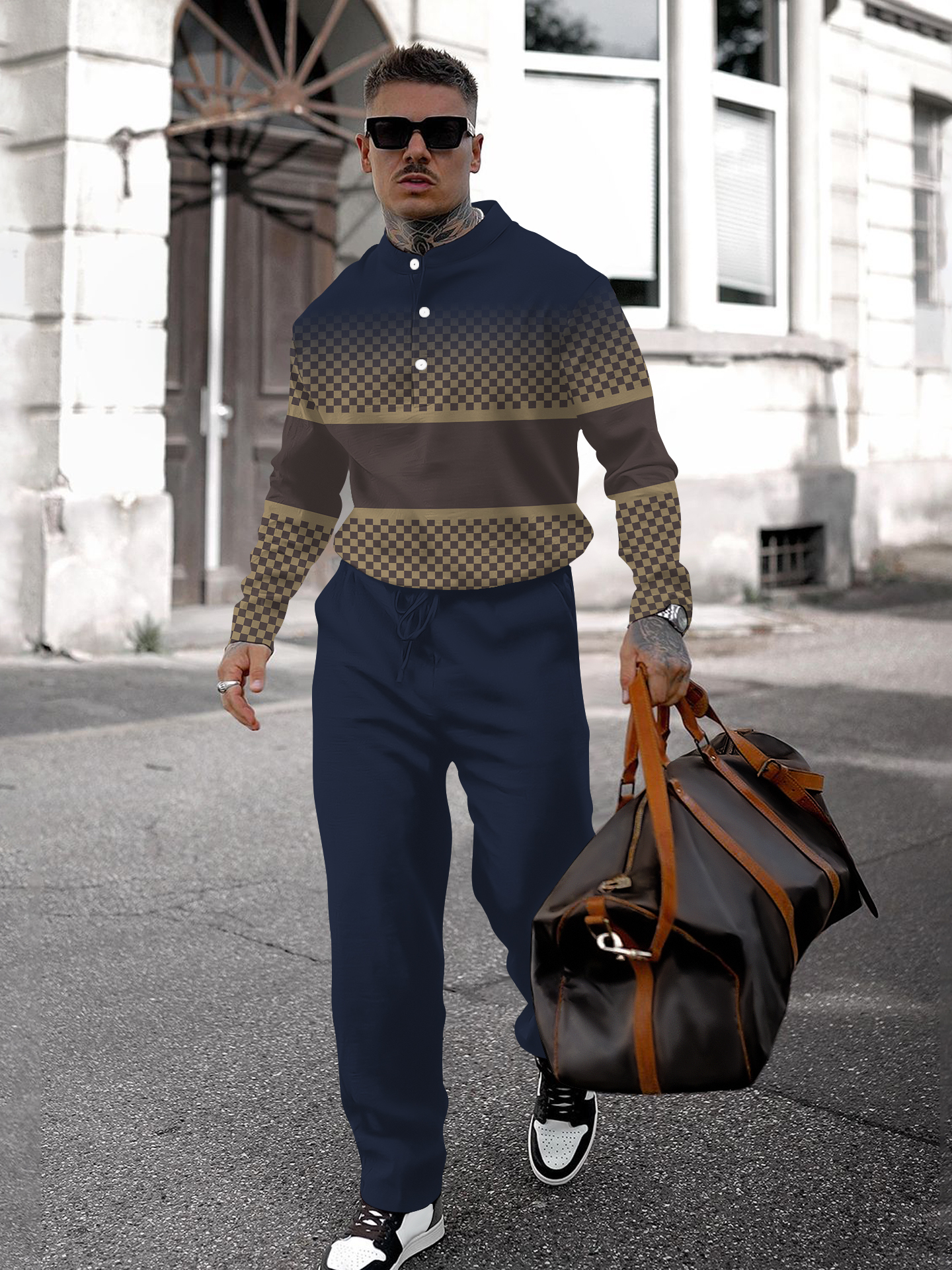 Men's fashion casual geometric print long sleeve two-piece set