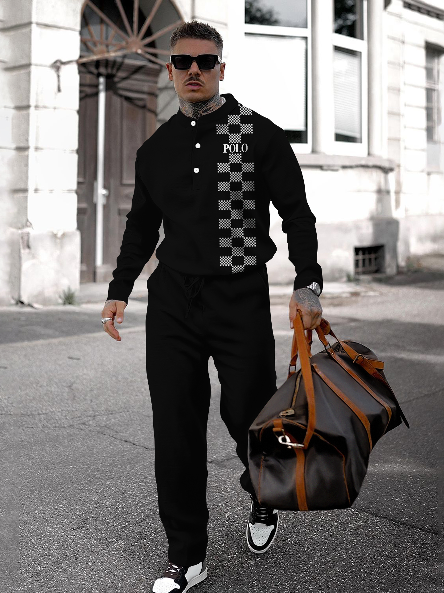 Men's fashion casual geometric print long sleeve two-piece set