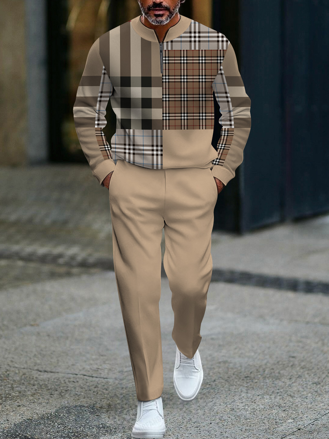 Men's fashion casual geometric print long sleeve zipper two-piece set