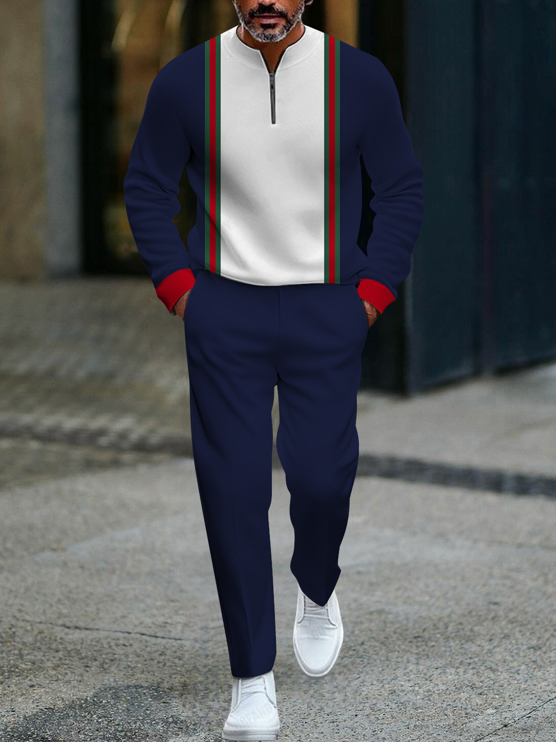 Men's fashion casual geometric print long sleeve zipper two-piece set