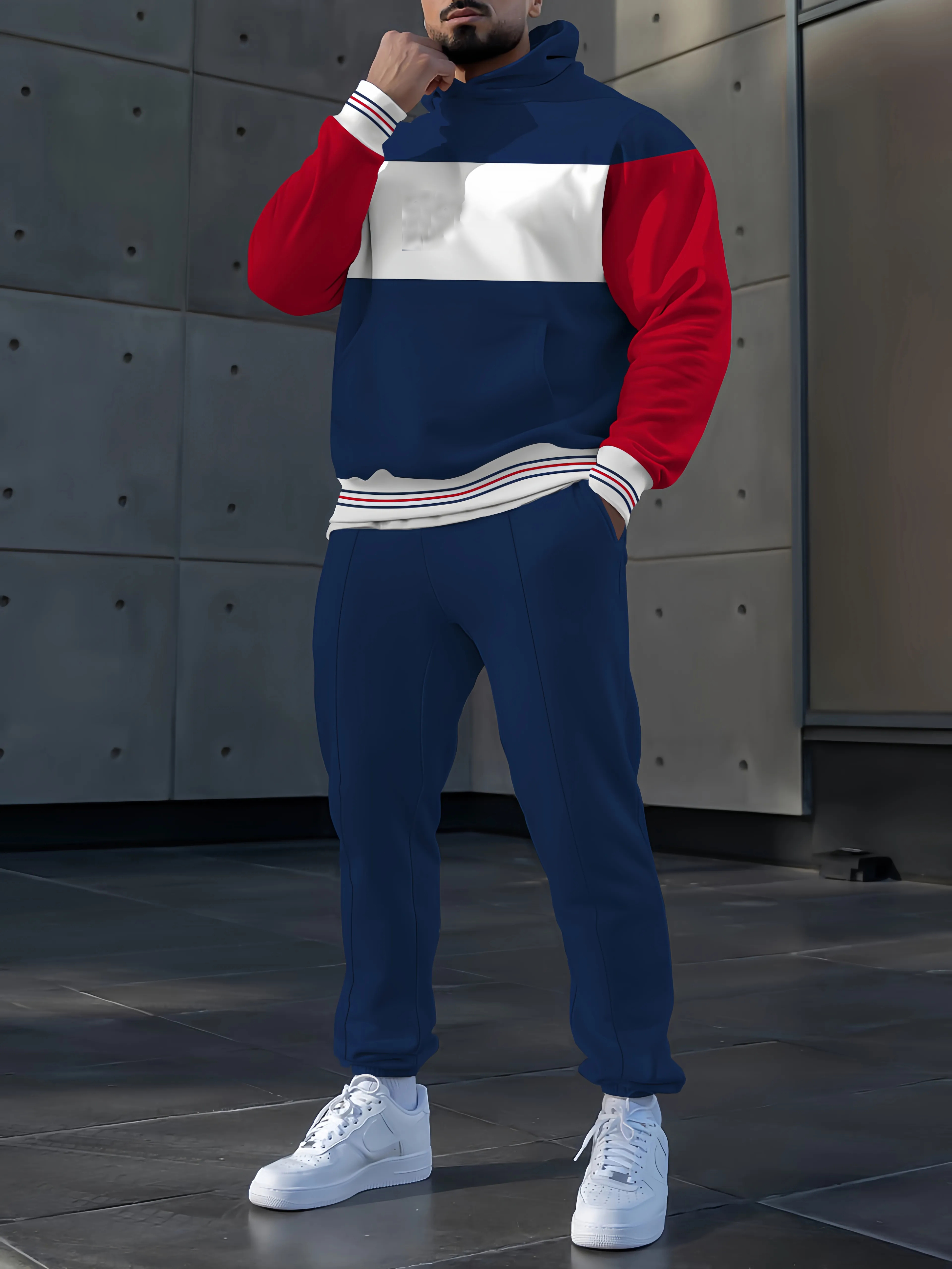 Men's fashion casual color match polo printed hoodie two-piece set