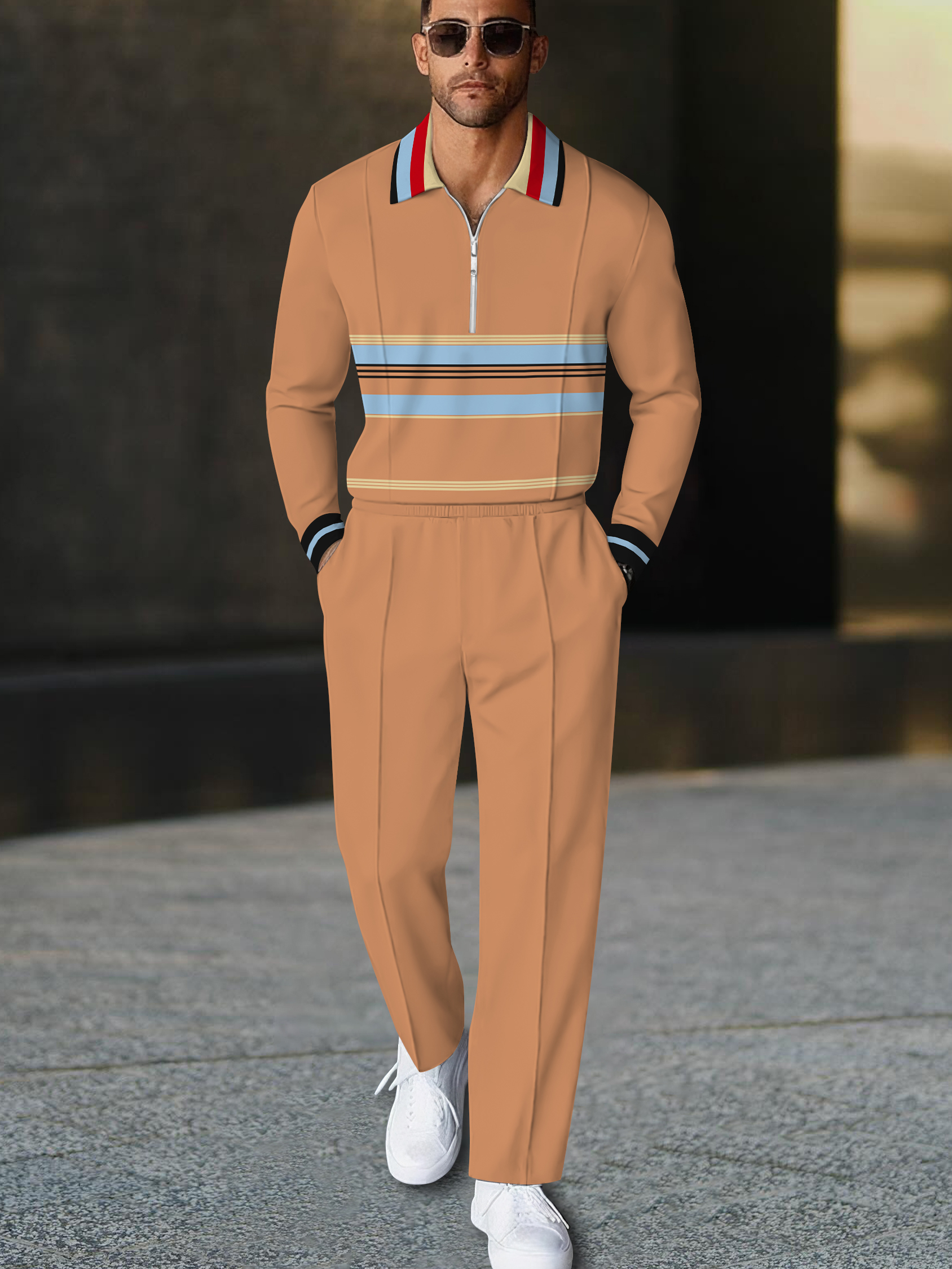 Men's fashion casual geometric print long sleeve zipper polo two-piece set