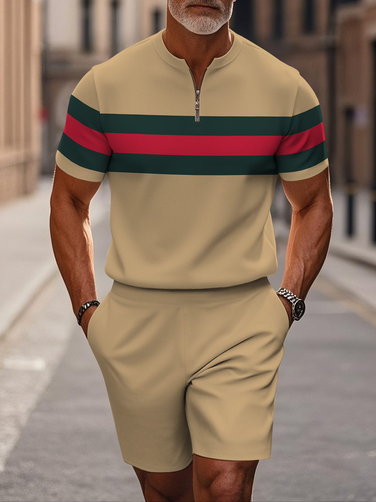 Men's fashion casual round-neck zipper geometric printed short-sleeved two-piece set