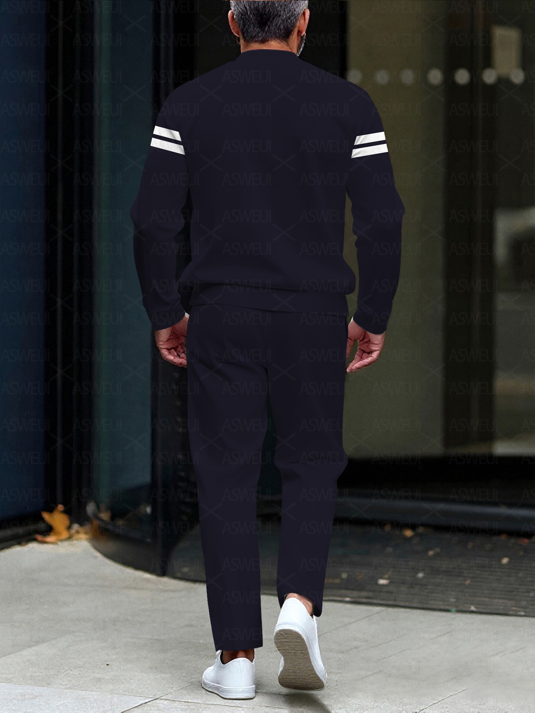 Men's fashion casual geometric print long sleeve zipper two-piece set