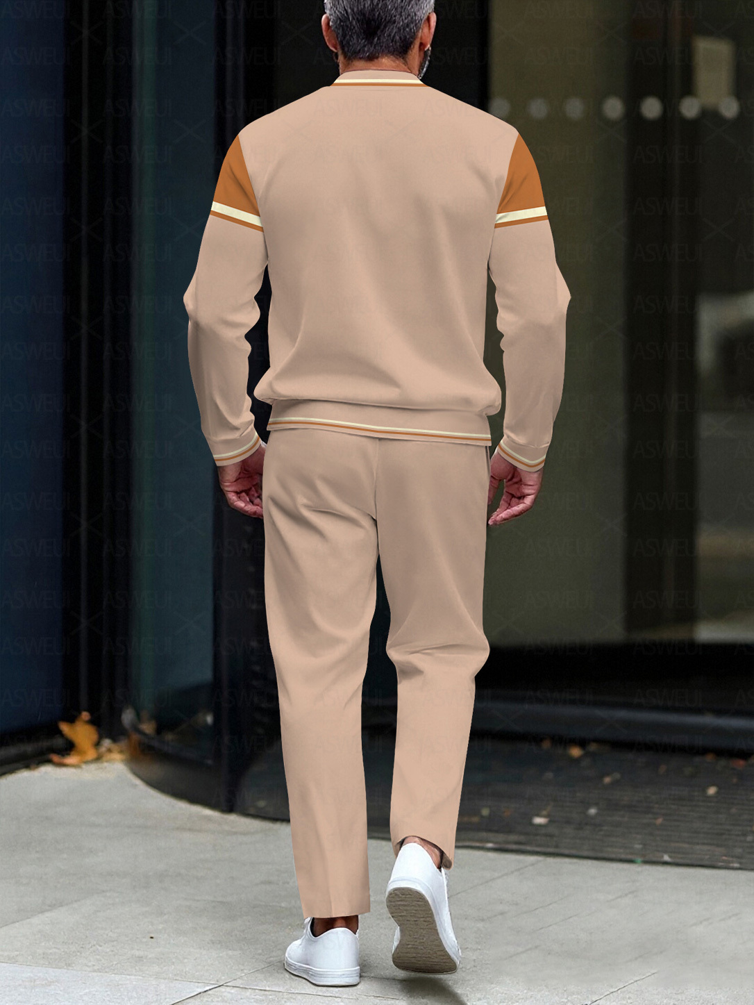 Men's fashion casual geometric print long sleeve zipper two-piece set