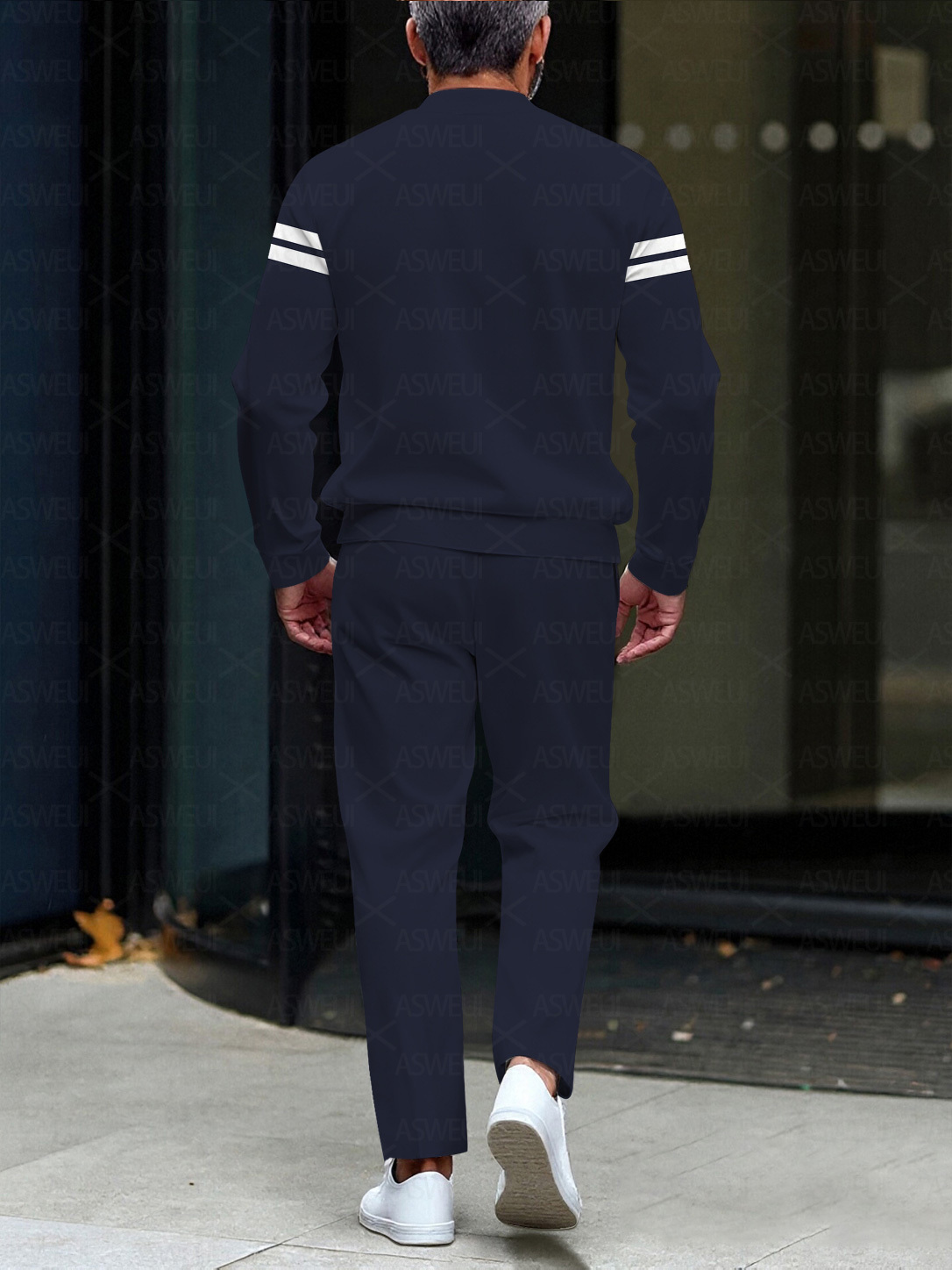 Men's fashion casual geometric print long sleeve zipper two-piece set