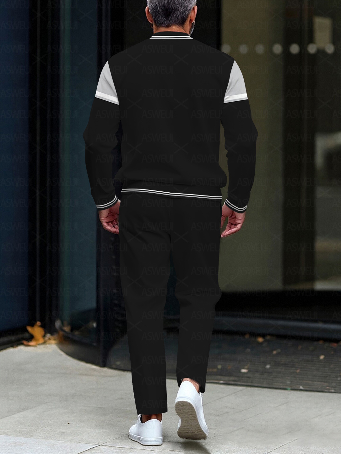 Men's fashion casual geometric print long sleeve zipper two-piece set