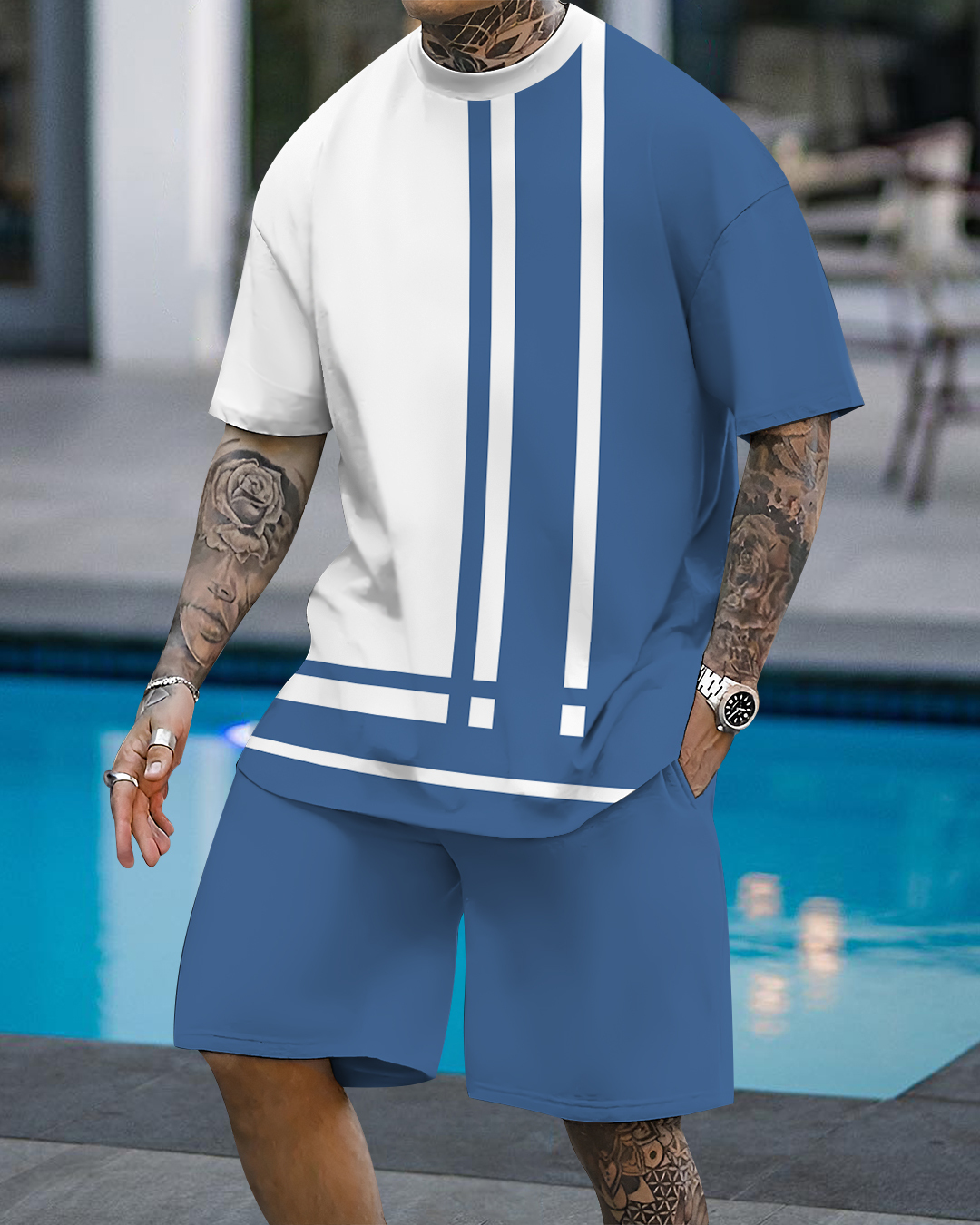 Men's fashion casual color matching printed short-sleeved two-piece se