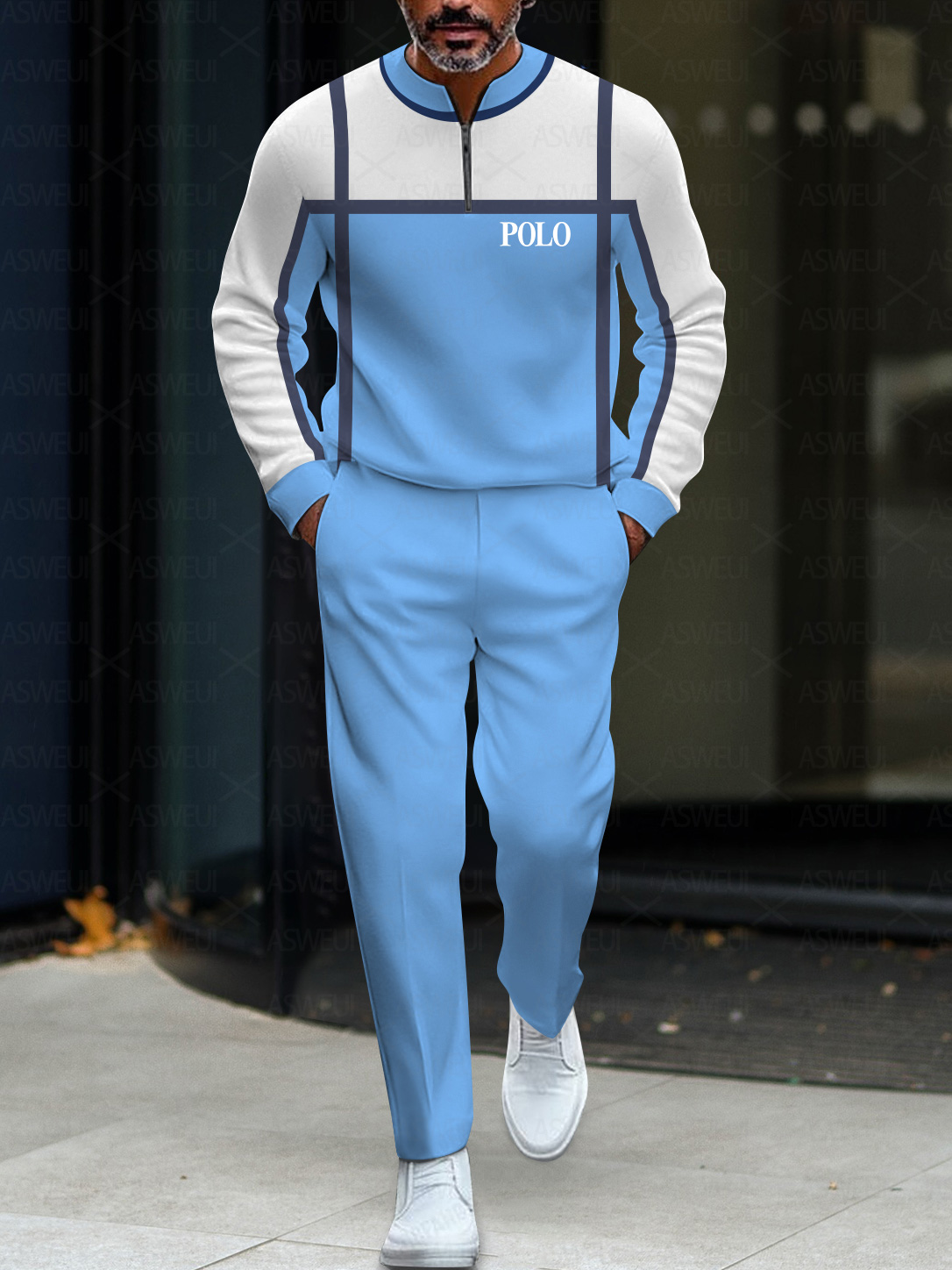 Men's fashion casual geometric print long sleeve zipper two-piece set