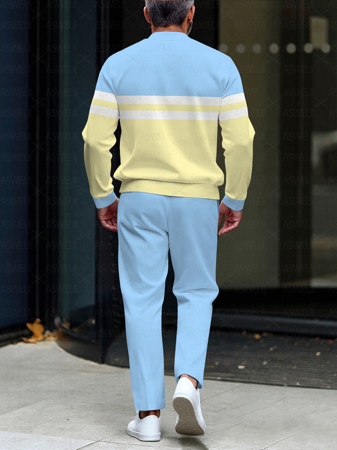 Men's fashion casual geometric print long sleeve zipper two-piece set