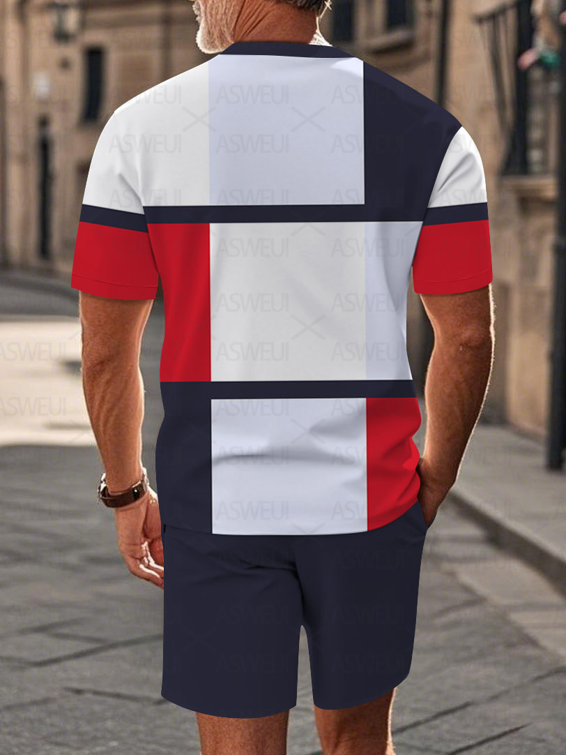 Men's fashion casual round-neck zipper geometric printed short-sleeved two-piece set