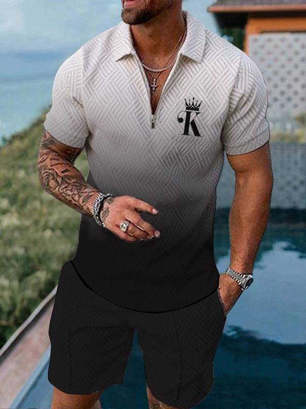 Men's fashion casual geometric print short sleeve polo two-piece set