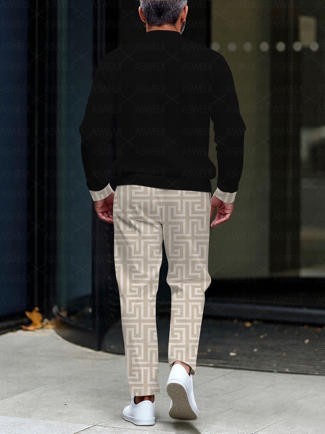 Men's fashion casual geometric print long sleeve zipper two-piece set