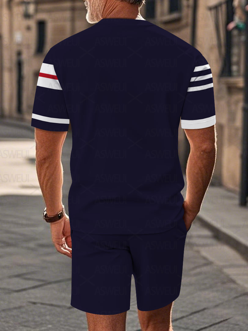 Men's fashion casual round-neck zipper geometric printed short-sleeved two-piece set