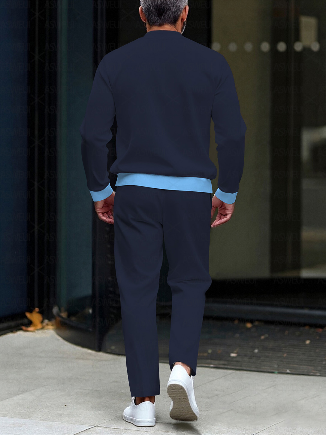 Men's fashion casual geometric print long sleeve zipper two-piece set