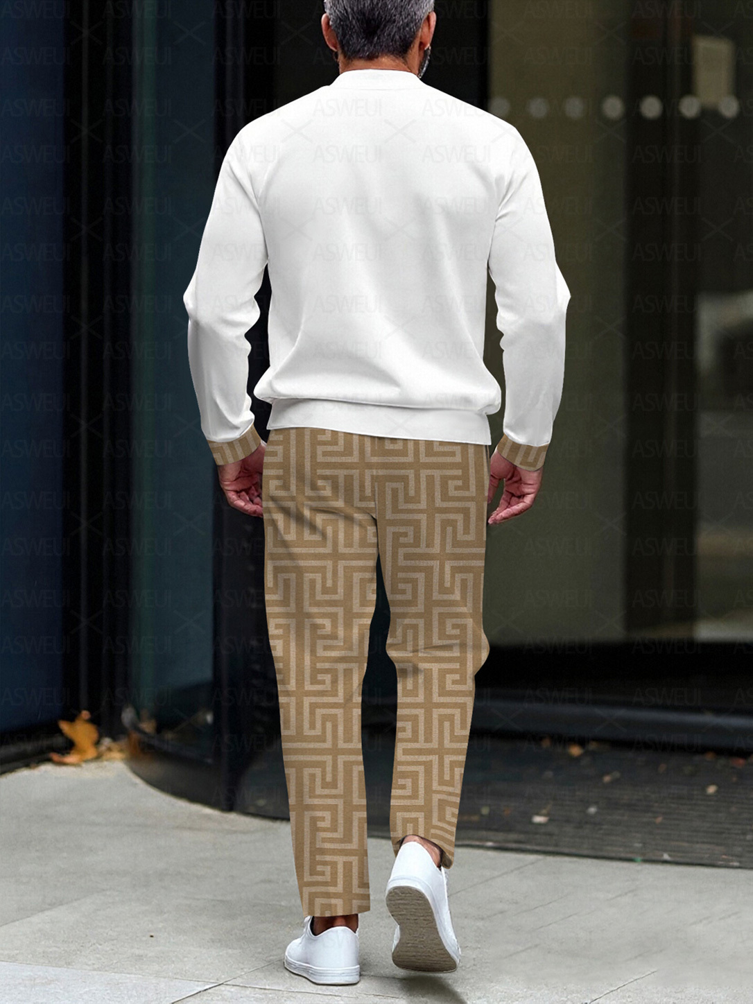 Men's fashion casual geometric print long sleeve zipper two-piece set