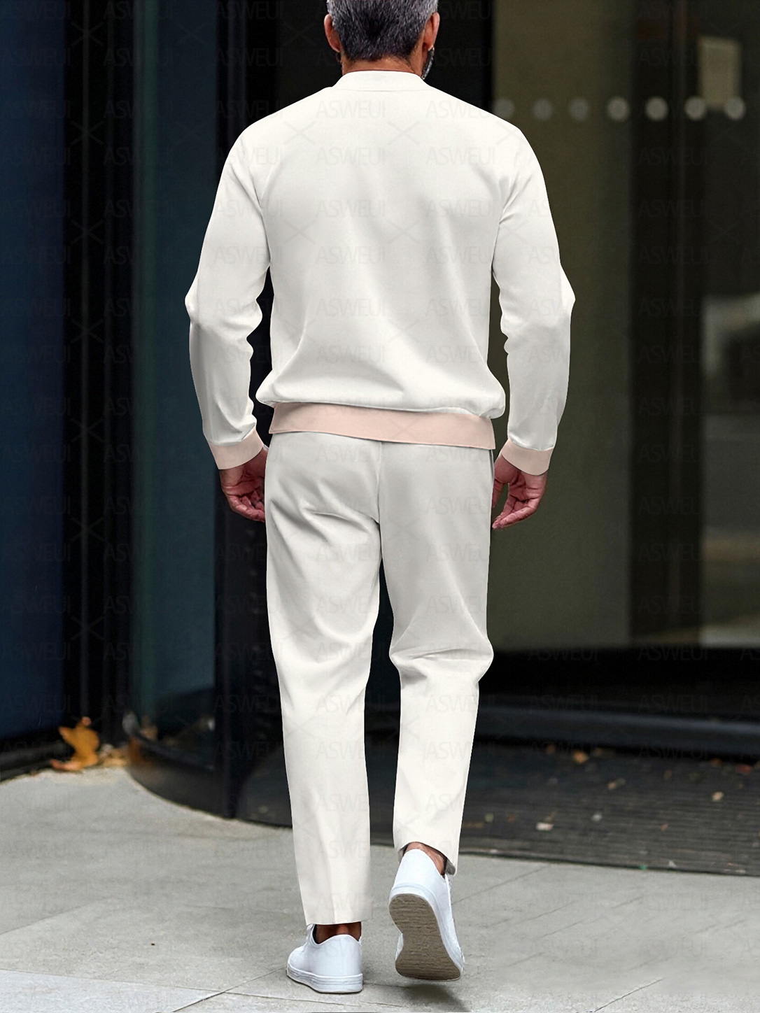 Men's fashion casual geometric print long sleeve zipper two-piece set