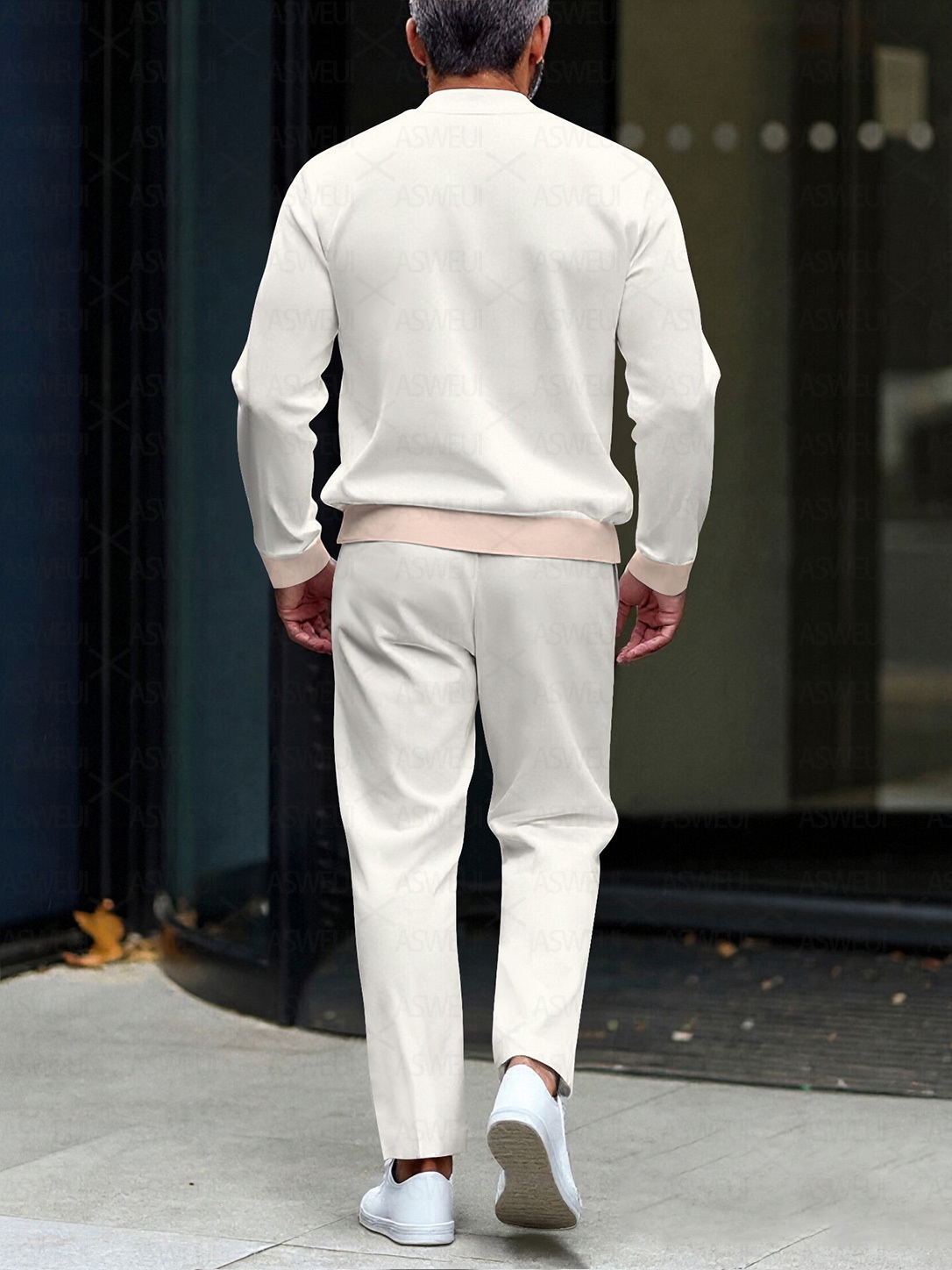 Men's fashion casual geometric print long sleeve zipper two-piece set