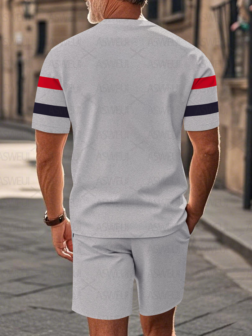 Men's fashion casual round-neck zipper geometric printed short-sleeved two-piece set