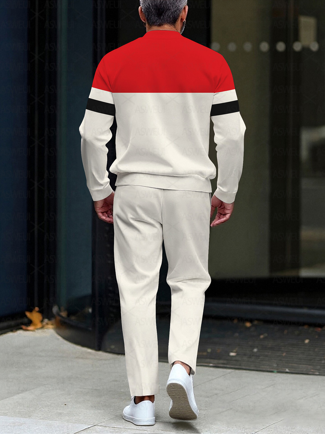 Men's fashion casual geometric print long sleeve zipper two-piece set