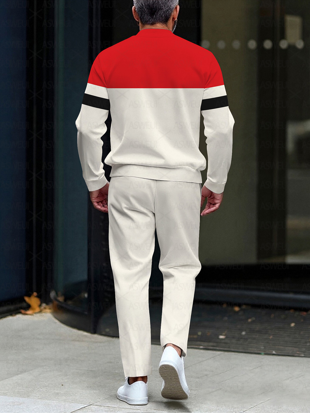 Men's fashion casual geometric print long sleeve zipper two-piece set