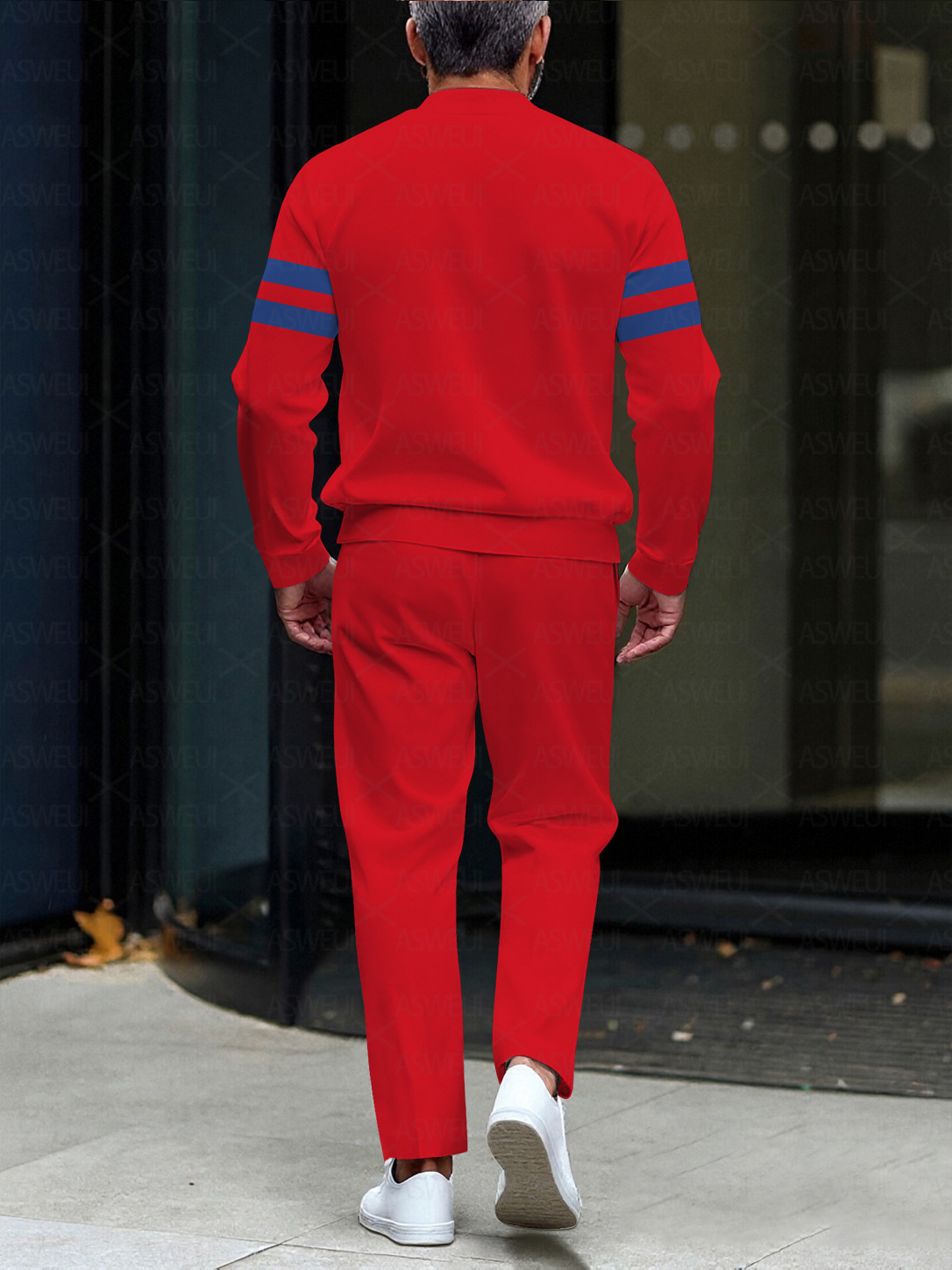 Men's fashion casual geometric print long sleeve zipper two-piece set