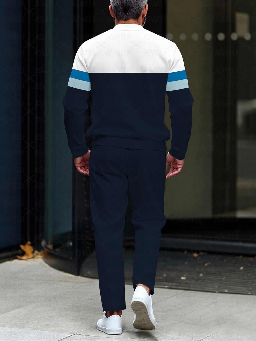 Men's fashion casual geometric print long sleeve zipper two-piece set