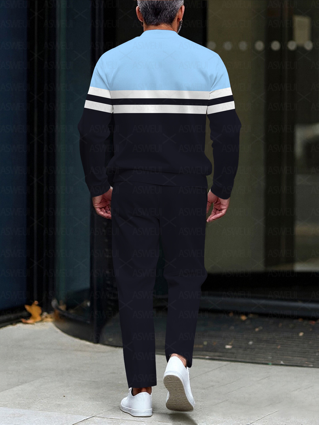 Men's fashion casual geometric print long sleeve zipper two-piece set