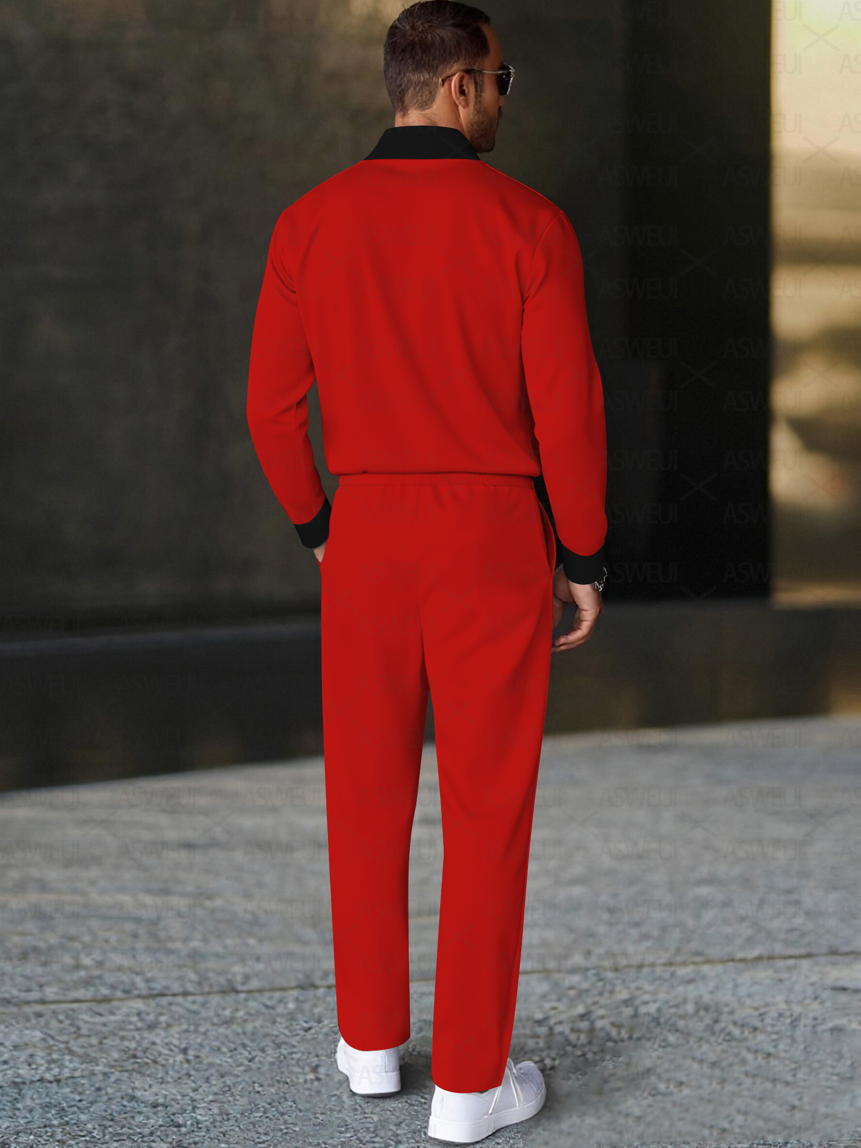 Men's fashion casual geometric print long sleeve zipper polo two-piece set