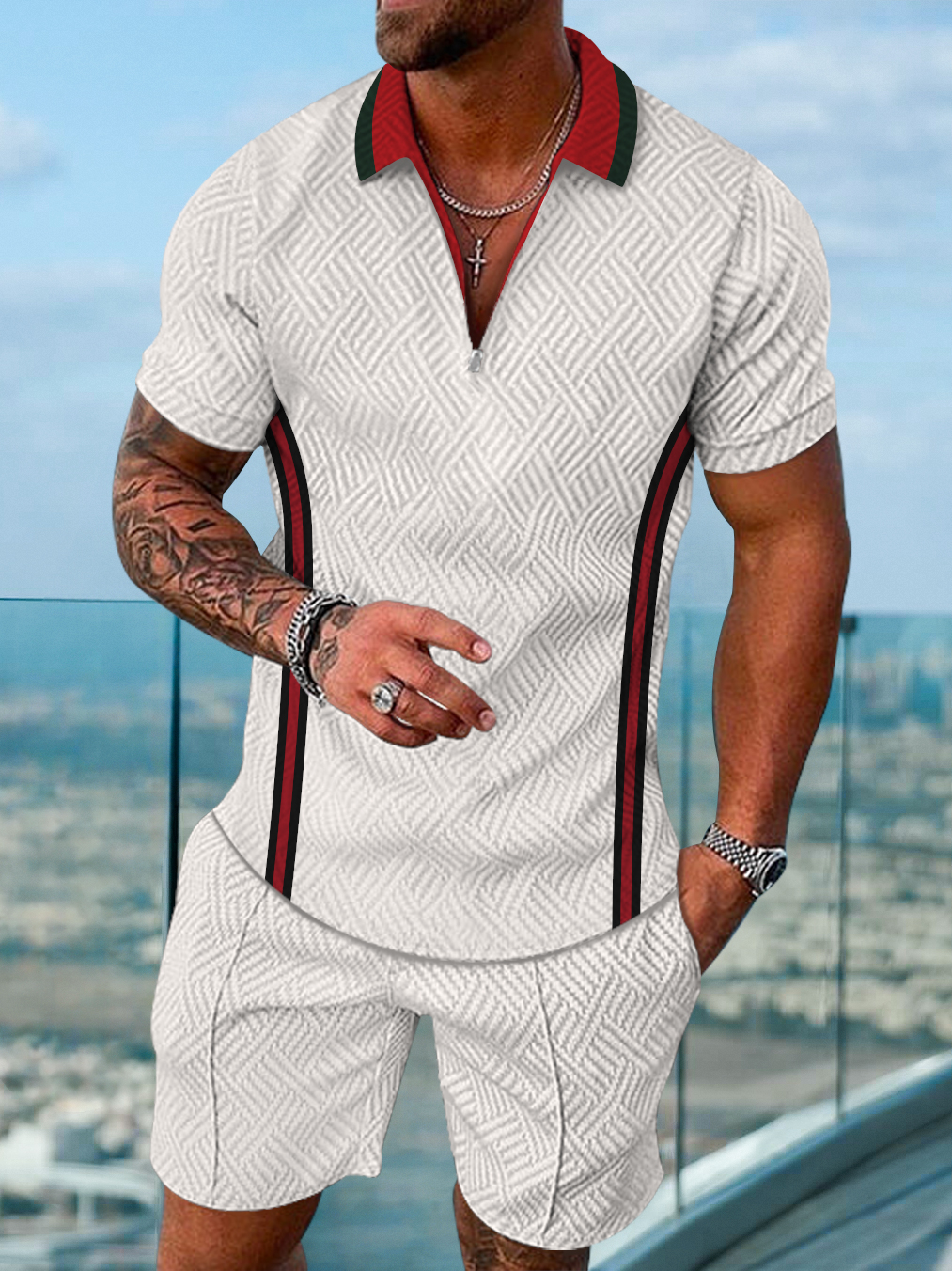 Men's fashion casual geometric print short sleeve polo two-piece set