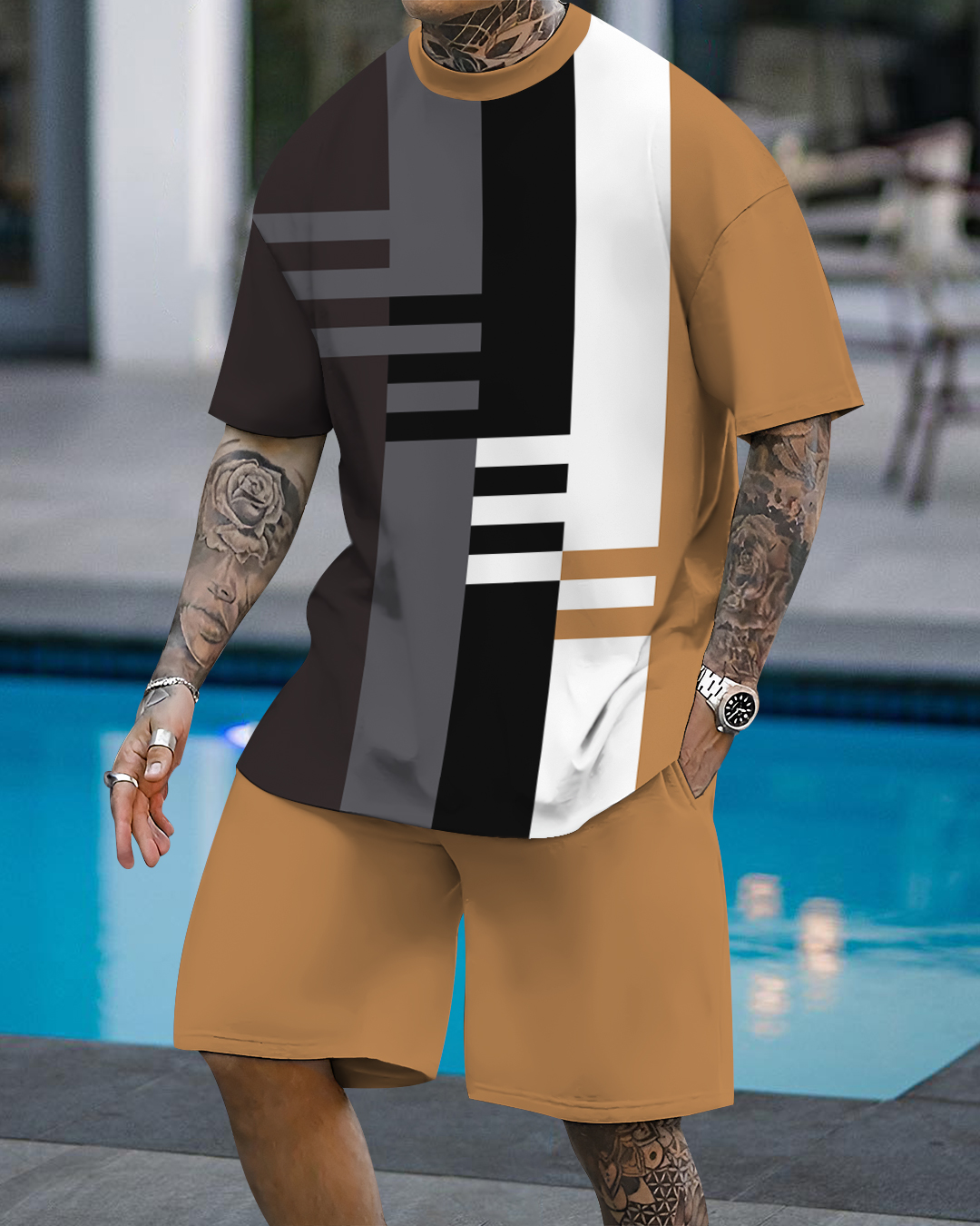 Men's fashion casual color matching printed short-sleeved two-piece se