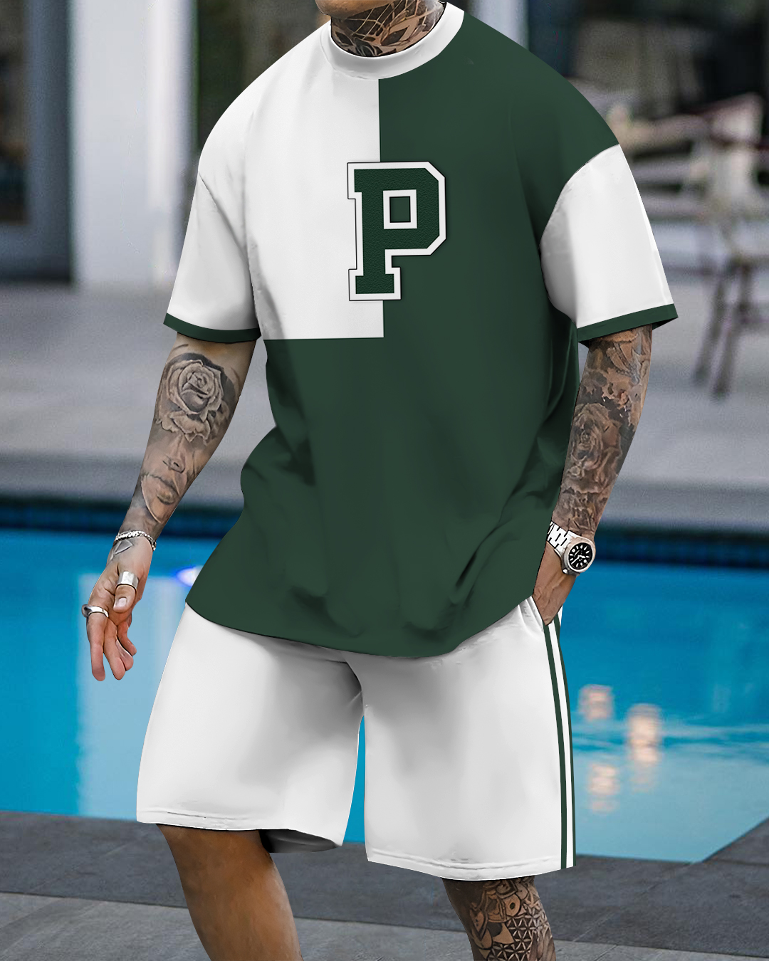 Men's fashion casual color matching printed short-sleeved two-piece set