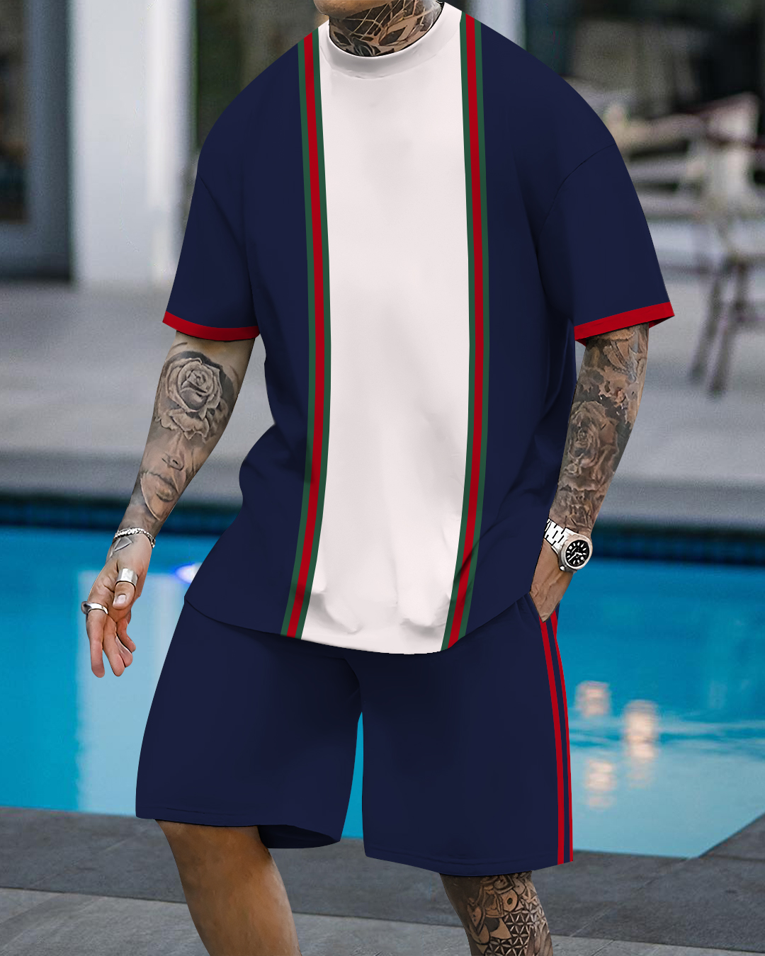 Men's fashion casual color matching printed short-sleeved two-piece set