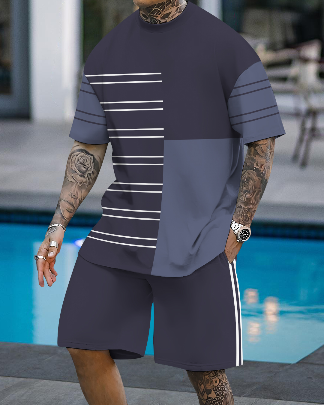 Men's fashion casual color matching printed short-sleeved two-piece se