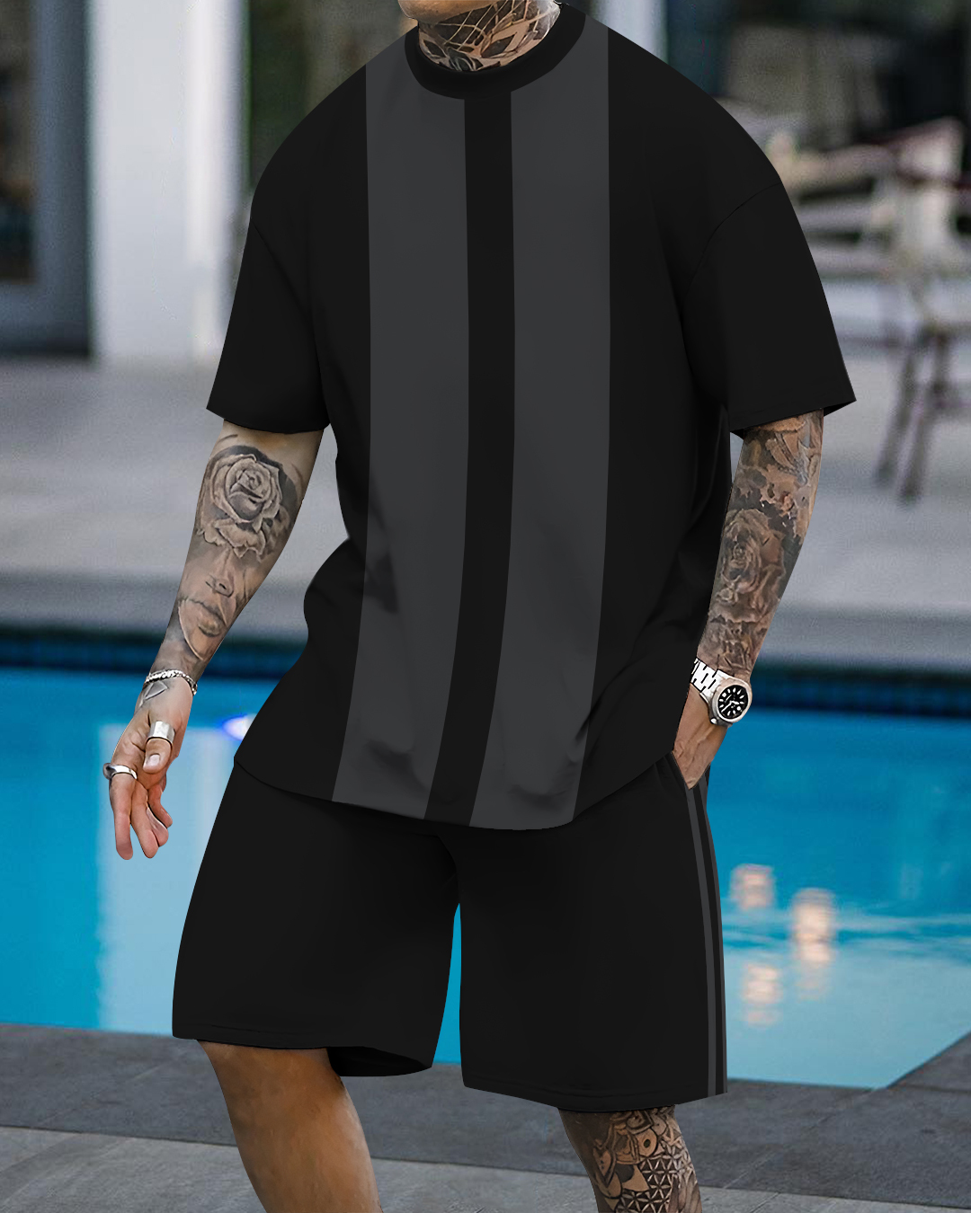 Men's fashion casual color matching printed short-sleeved two-piece se