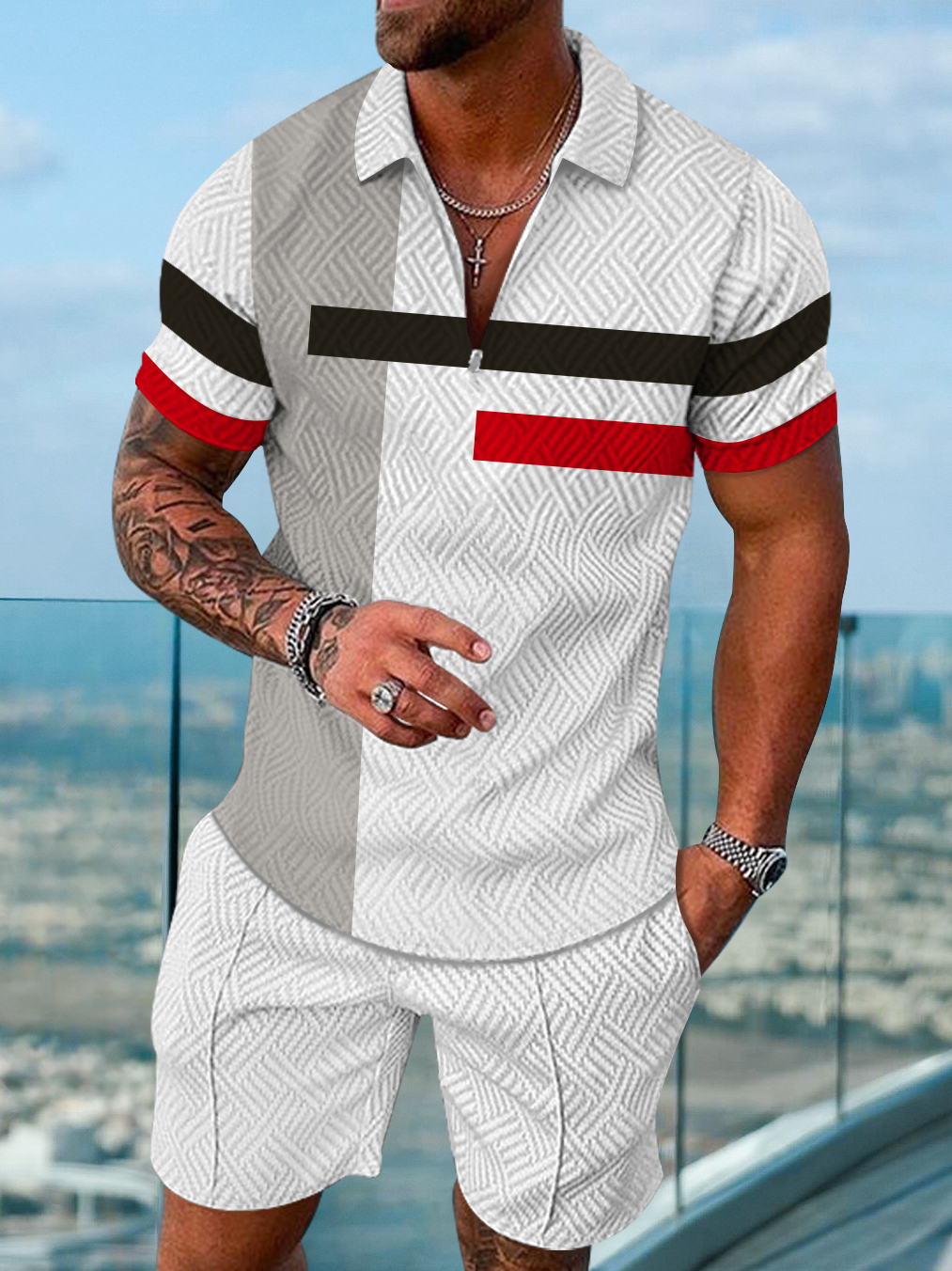Men's fashion casual color matching printed polo two-piece set