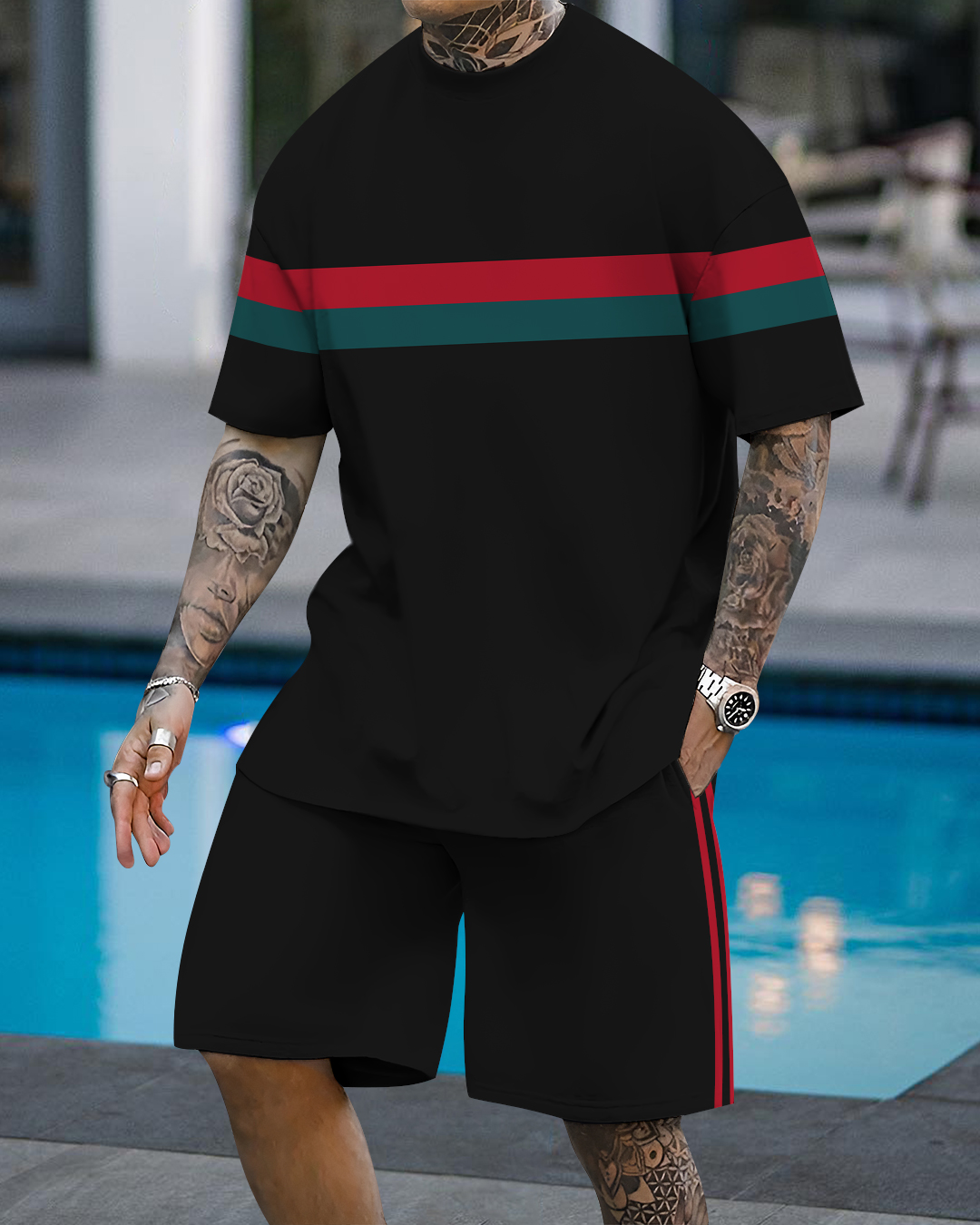 Men's fashion casual color matching printed short-sleeved two-piece set