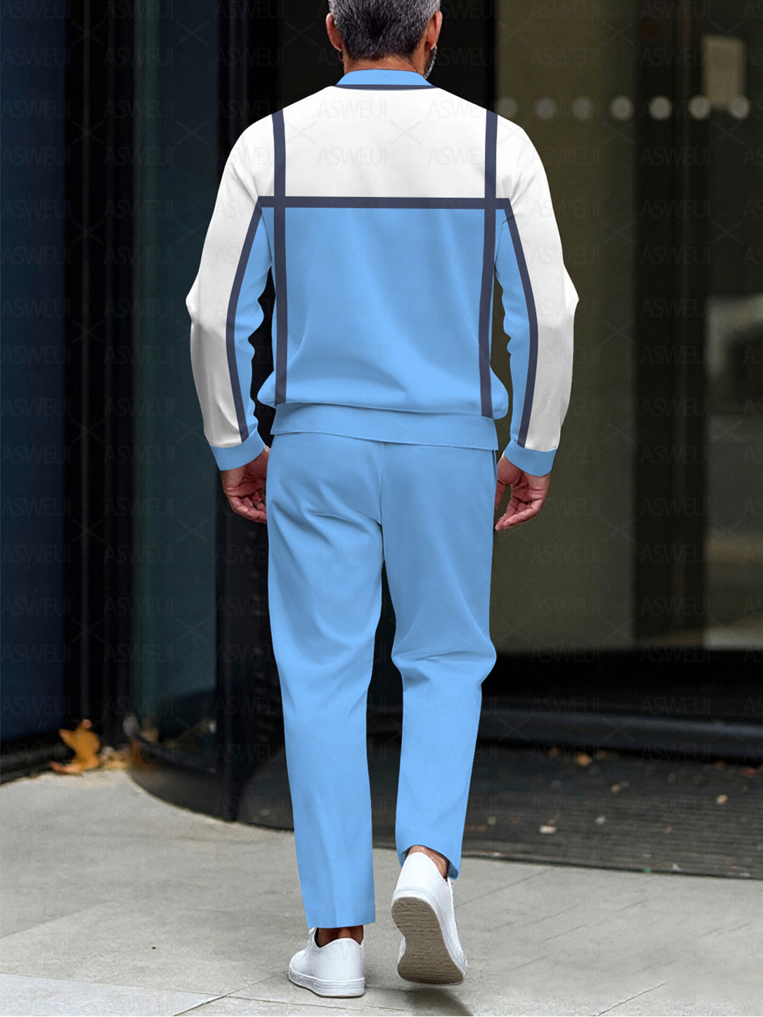 Men's fashion casual geometric print long sleeve zipper two-piece set