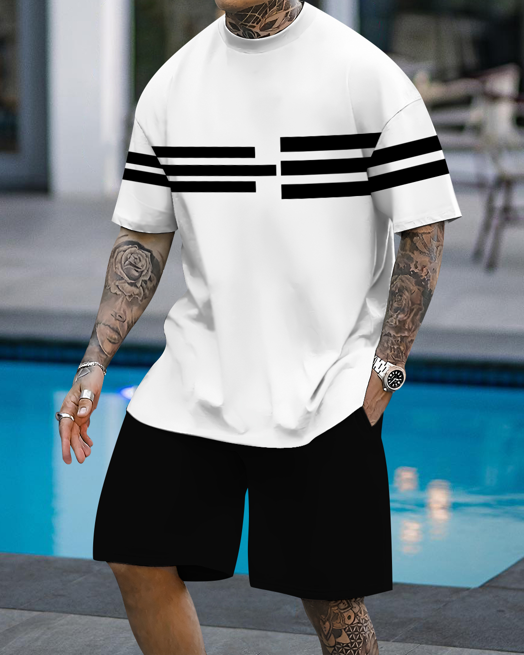 Men's fashion casual color matching printed short-sleeved two-piece set