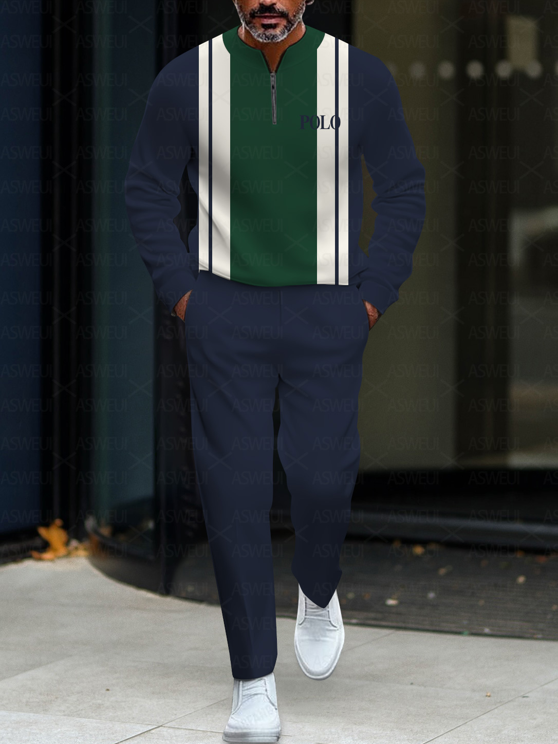 Men's fashion casual geometric print long sleeve two-piece set