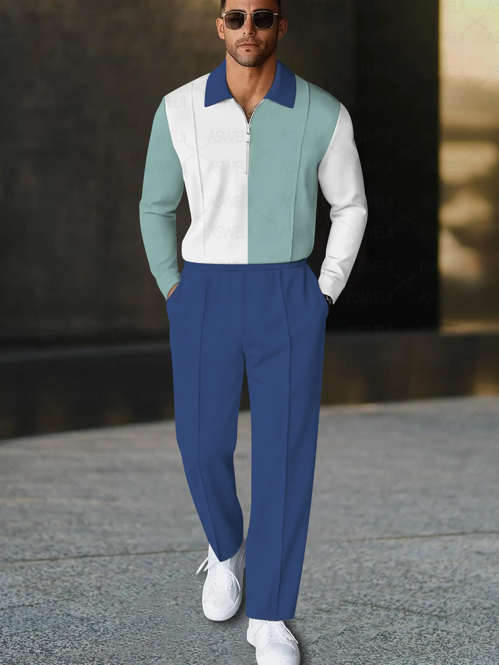 Men's fashion casual geometric print long sleeve zipper polo two-piece set